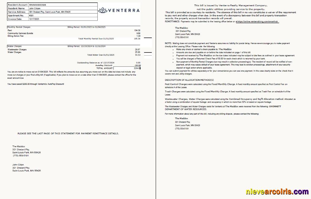 USA Venterra utility bill, 2 pages